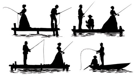 Wedding Couple Fishing Together Silhouette Hobby isolated on plain white background.のイラスト素材