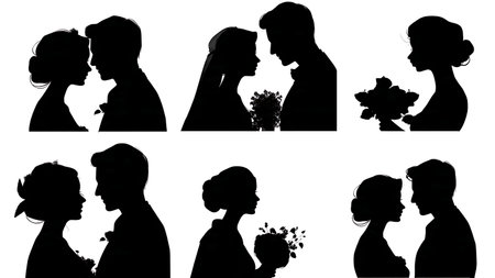 Loving Gaze Wedding Couple Silhouette Set isolated on plain white background.のイラスト素材