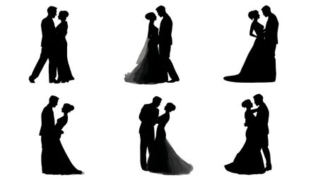 Slow Dancing Wedding Couple Silhouette Collection isolated on plain white background.のイラスト素材