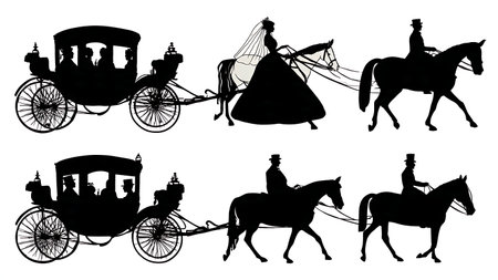 Fairytale Wedding Carriage Ride Silhouette Pack isolated on plain white background.のイラスト素材