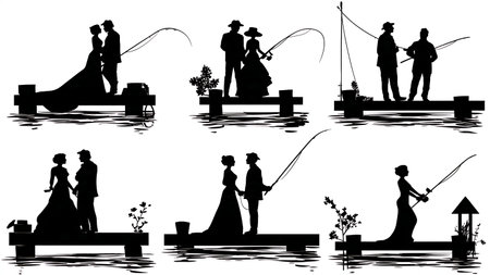 Wedding Couple Fishing Together Silhouette Hobby isolated on plain white background.のイラスト素材