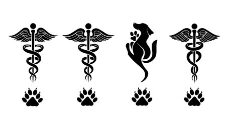 Veterinary Caduceus with Paw Print Silhouette Symbol isolated on plain white background.のイラスト素材