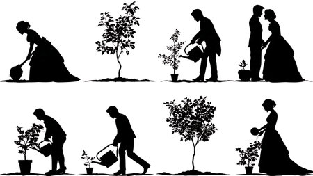 Wedding Couple Planting Tree of Life Silhouette Set isolated on plain white background.のイラスト素材