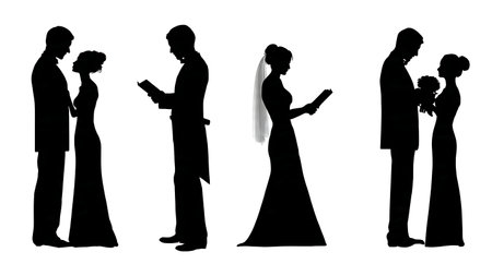 Wedding Couple Looking at Photo Album Silhouette isolated on plain white background.のイラスト素材