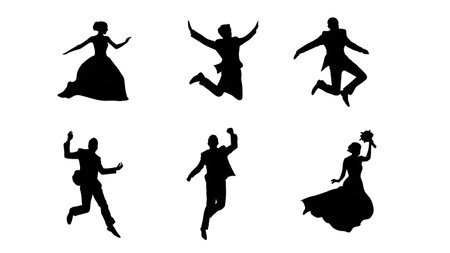 Jumping for Joy Wedding Couple Silhouette Pack isolated on plain white background.のイラスト素材