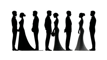 Back to Back Wedding Couple Silhouette Set isolated on plain white background.のイラスト素材