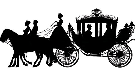 Fairytale Wedding Carriage Ride Silhouette Pack isolated on plain white background.のイラスト素材