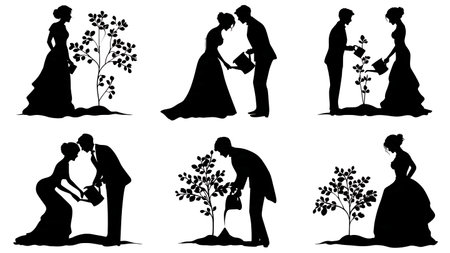 Wedding Couple Planting Tree of Life Silhouette Set isolated on plain white background.のイラスト素材