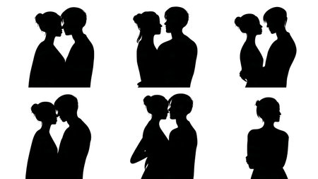 Gentle Embrace Wedding Couple Silhouette Pack isolated on plain white background.のイラスト素材
