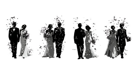 Wedding Couple Confetti Exit Silhouette Set isolated on plain white background.のイラスト素材