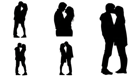Romantic Wedding Couple Kissing Silhouette Collection isolated on plain white background.のイラスト素材