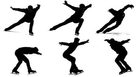 Figure Skater Jump Landing Pose Silhouette Set isolated on plain white background.のイラスト素材