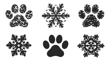 Snowflake Paw Print Shape Silhouette Vector Pack isolated on plain white background.のイラスト素材