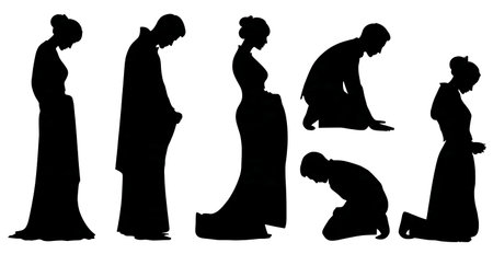 Respectful Bowing Wedding Couple Silhouette Set isolated on plain white background.のイラスト素材