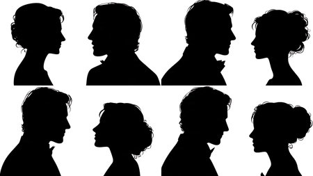 Loving Gaze Wedding Couple Silhouette Set isolated on plain white background.のイラスト素材