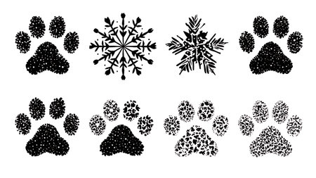 Snowflake Paw Print Shape Silhouette Vector Pack isolated on plain white background.のイラスト素材