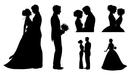 Profile View Wedding Couple Silhouette Vector Pack isolated on plain white background.のイラスト素材