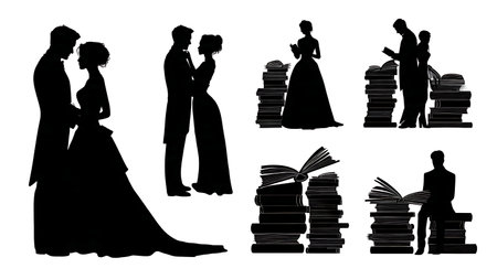 Literary Wedding Couple in Library Silhouette Pack isolated on plain white background.のイラスト素材