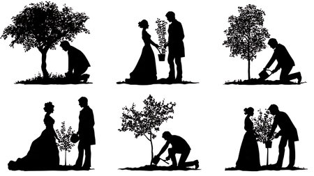 Wedding Couple Planting Tree of Life Silhouette Set isolated on plain white background.のイラスト素材