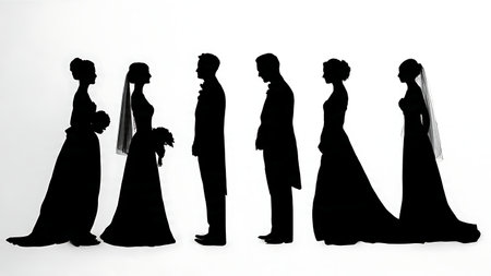 Dramatic Shadow of Wedding Couple Silhouette Set isolated on plain white background.のイラスト素材