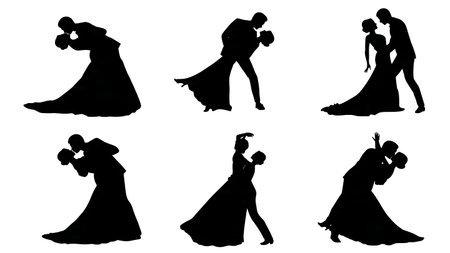 Dramatic Dip and Kiss Wedding Silhouette Pack isolated on plain white background.のイラスト素材