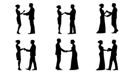 Fun Wedding Couple High-Five Silhouette Pack isolated on plain white background.のイラスト素材