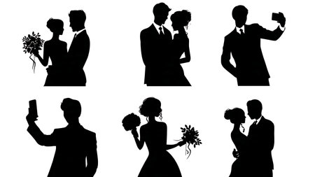 Modern Wedding Couple Taking a Selfie Silhouette isolated on plain white background.のイラスト素材