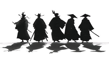 Samurai Shadow Silhouette Effect Vector Set isolated on plain white background.のイラスト素材