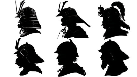 Samurai Profile Bust and Helmet Silhouette Icons isolated on plain white background.のイラスト素材