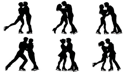 Romantic Pairs Skaters Pose Silhouette Set isolated on plain white background.のイラスト素材
