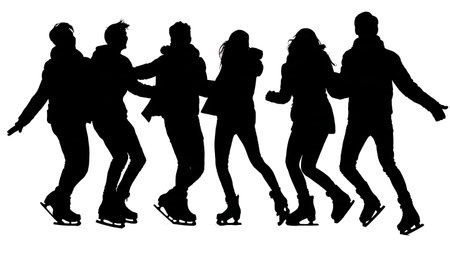 Group of Friends Ice Skating Silhouette isolated on plain white background.のイラスト素材