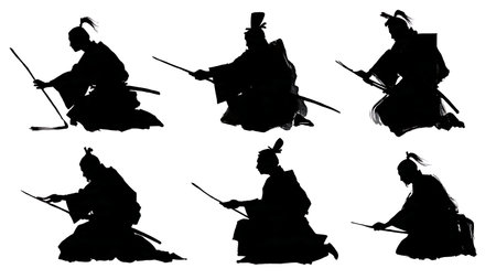 Samurai Writing Calligraphy (Shodo) Silhouette Set isolated on plain white background.のイラスト素材