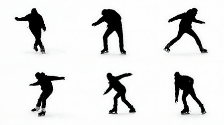 Ice Skating Stop Maneuver Silhouette Set isolated on plain white background.のイラスト素材