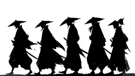 Samurai in Bamboo Hat (Sugegasa) Silhouette Pack isolated on plain white background.のイラスト素材