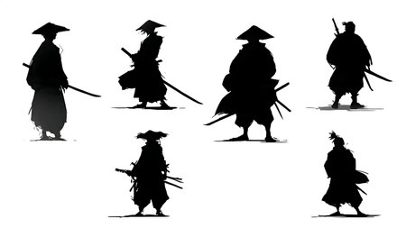 Samurai Observing Battlefield Silhouette Scene isolated on plain white background.のイラスト素材