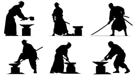 Katana Sword Forging Silhouette Process Set isolated on plain white background.のイラスト素材