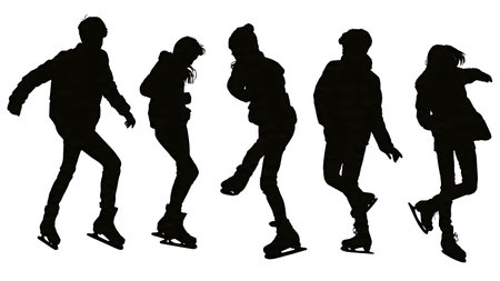 Teenagers Ice Skating with Friends Silhouette isolated on plain white background.のイラスト素材