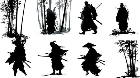 Samurai in Bamboo Forest Silhouette Scene Set isolated on plain white background.のイラスト素材