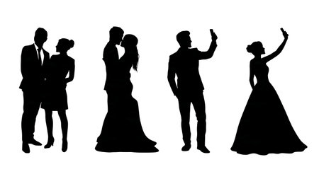 Modern Wedding Couple Taking a Selfie Silhouette isolated on plain white background.のイラスト素材