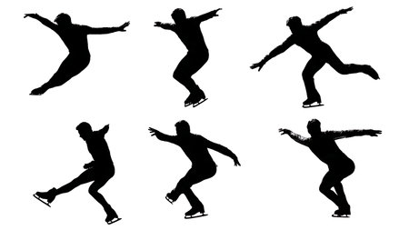 Figure Skater Jump Landing Pose Silhouette Set isolated on plain white background.のイラスト素材