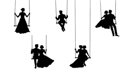 Playful Wedding Couple on a Swing Silhouette Pack isolated on plain white background.のイラスト素材