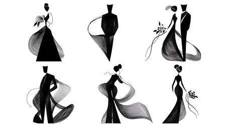 Abstract Stylized Wedding Couple Silhouette Collection isolated on plain white background.のイラスト素材