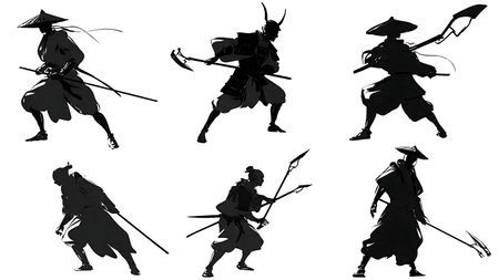 Kusarigama Chain-Sickle Warrior Silhouette Set isolated on plain white background.のイラスト素材