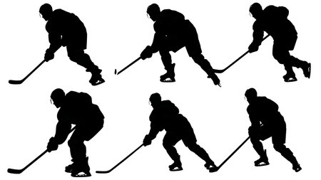 Ice Hockey Stickhandling Silhouette Skill Set isolated on plain white background.のイラスト素材