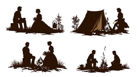 Rustic Campfire Wedding Couple Silhouette Set isolated on plain white background.のイラスト素材