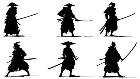 Samurai Warrior Standing Pose Silhouette Collection isolated on plain white background.のイラスト素材
