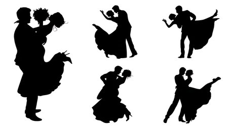 Joyful Groom Spinning Bride Silhouette Collection isolated on plain white background.のイラスト素材