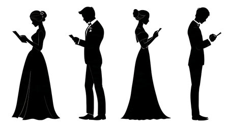 Bride and Groom Reading Letters Silhouette Collection isolated on plain white background.のイラスト素材