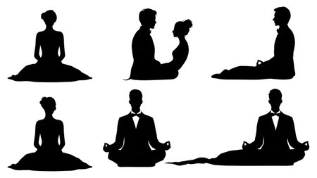 Yoga and Meditation Wedding Couple Silhouette Pack isolated on plain white background.のイラスト素材