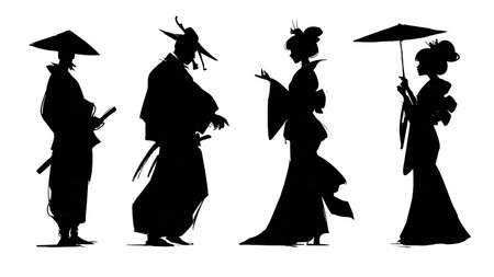 Samurai and Geisha Interaction Silhouette Set isolated on plain white background.のイラスト素材